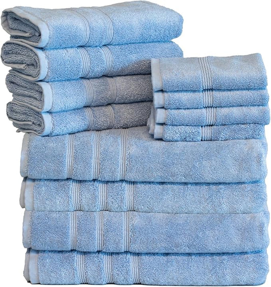 Mosobam Luxury Turkish 12pc Towel Set 30X58 16X30 13X13 Allure Blue 700 GSM Bamboo Viscose & Aegean Turkish Combed Cotton