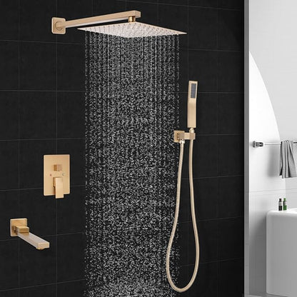 12 inch Square Shower Head and Handheld Set, Gasecoet Shower System with Tub Spout Wall Mounted Shower Faucet for Bathroom - Brushed Gold (With Shower Valve)