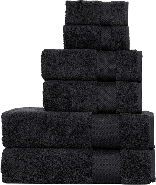 Hencely 6-Piece Bath Towel Set - High Absorbency, Quick Drying - 100% Soft Turkish Cotton - 2 Bath Towels, 2 Hand Towels, 2 Washcloths - for Bathroom, Home, Hotel, Spa, and Gym - 6-Pack Black