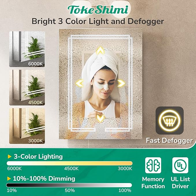 TokeShimi 30x32 Bathroom Mirror Medicine Cabinet with Light 3 Colors, Anti-Fog Tempered LED Mirror with Storage, Stepless Dimming CRI 80+, Memory Funtion, Wall Mirrored Cabinet for Bathroom Décor