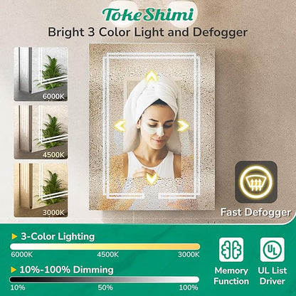 TokeShimi 30x32 Bathroom Mirror Medicine Cabinet with Light 3 Colors, Anti-Fog Tempered LED Mirror with Storage, Stepless Dimming CRI 80+, Memory Funtion, Wall Mirrored Cabinet for Bathroom Décor