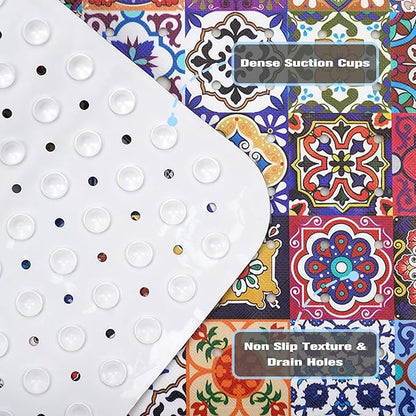Boho Bathtub Mat Non Slip, Vintage Bath Tub Mat Baby Bath Mats for Bathroom Anti Slip Shower Mats for Inside Shower, Colorful Floral Bathmat with Suction and Drain Holes Machine Washable, 40″x16″
