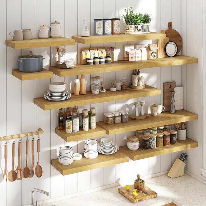 72 Inch Long Floating Shelves for Wall Set of 2, 12"D Wood Grain Bathroom Shelves with Invisible Brackets, Easy Install Engineered Wood Storage Shelves for Kitchen, Living Room, Bedroom, Oak Finish