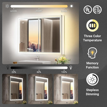 36x30 Beveled Lighted Medicine Cabinet with Mirror & Lights, Surface or Recessed Mirrored Medicine Cabinet with Outlet & Clock, Anti-Fog Dimmable LED Storage Cabinet, Built-in Sensor Light