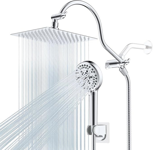 Hibbent All Metal CUPC Certified Shower Head, 8'' High Pressure Rainfall Shower Head, Handheld Showerhead Combo, 12'' Adjustable Extension Arm, 10 Sprays, 71'' Shower Hose, Showerhead Holder, Chrome