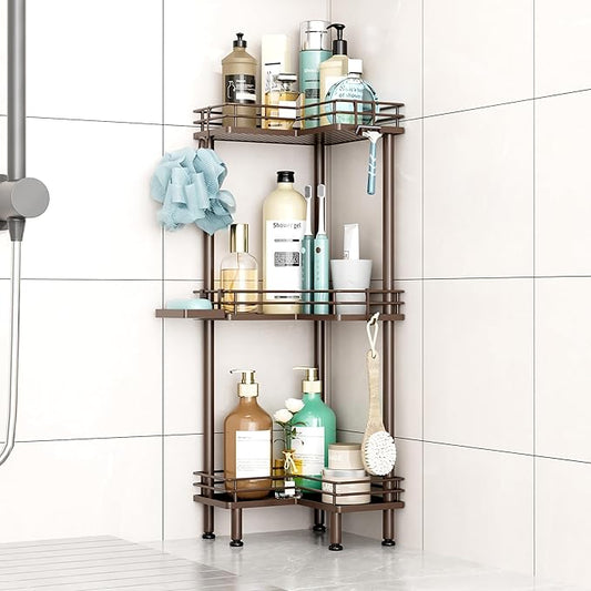 HapiRm Corner Shower Caddy Standing - 3 Tier Shower Organizer Corner with Soap Holder, Rustproof Bathroom Standing Organizer with 4 Hooks, Bronze