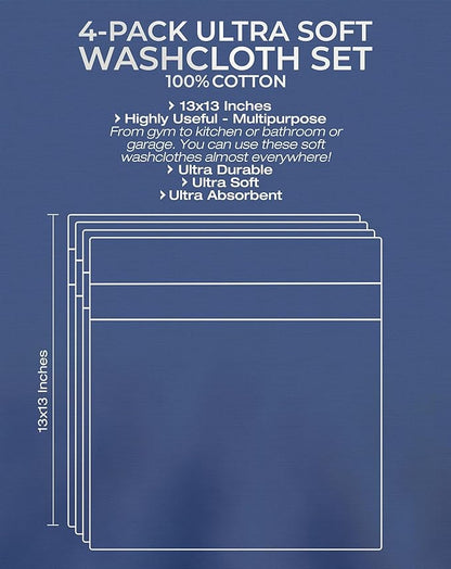 American Veteran Towel, 100% Cotton Turkish Washcloths for Bathroom Essentials 4 Pack, Soft Absorbent Wash Cloths Quick Drying Small Towels Washrags, White