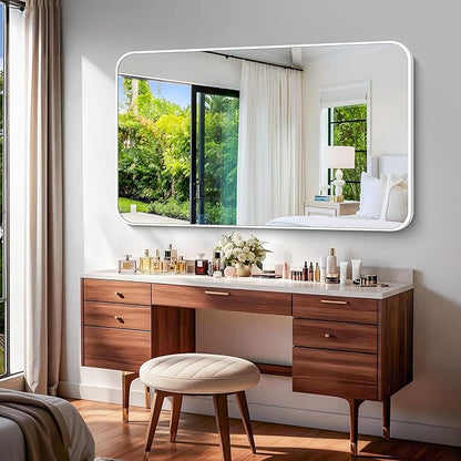 BONEWEI White Bathroom Mirror,60x36 inch Wall Mirror for Bathroom Wall Mounted,Rectangle Mirror for Bathroom Over Sink,Modern Frame Round Corner for Living Room,Bedroom Entryway,Horizontal/Vertical