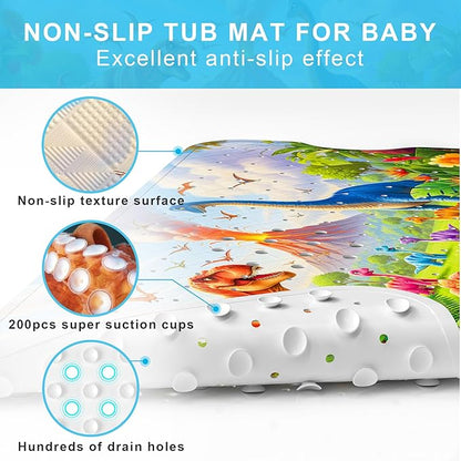 Upgrade Cartoon Baby Bath Mat Non Slip - 40"x16" Extra Long Bathtub Mat for Baby Eco Friendly Durable Bath Mat for Tub Non Slip Kids Tub Mat with Suction Cups, Machine Washable and No Fading, Dinosaur