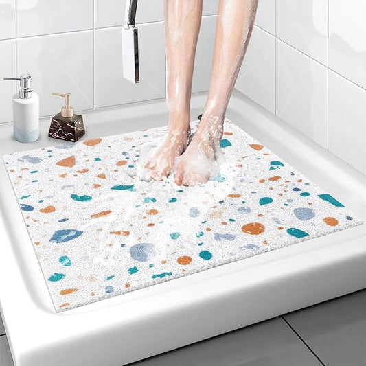 Shower Mat Anti Slip - 24x24 Inch Soft Comfort Bath Mat with Drainage Holes, PVC Loofah Massage Bathmat for Shower, Tub, Bathroom, Wet Areas, Quick Drying
