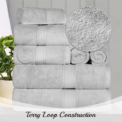 Superior Egyptian Cotton Pile 8 Piece Towel Set, Includes 2 Bath, 2 Hand, 4 Face Towels/Washcloths, Ultra Soft Luxury Towels, Thick Plush Essentials, Guest Bath, Spa, Hotel Bathroom, Silver
