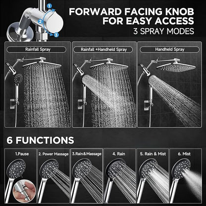 Veken 11.8'' Rain Shower Head with Handheld Spray Combo, Extension Arm for Rainfall Showerhead, Muti-modes Massage High Pressure Hand Held Shower Heads with Hose, Anti-Clog Nozzles & Bathroom(Chrome)