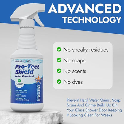 Bring It On Protect Shield Shower Door Water Repellent | Eliminate Hard Water Buildup on Tile and Grout, Glass, Fiberglass Counter Tops, All Hard Surfaces