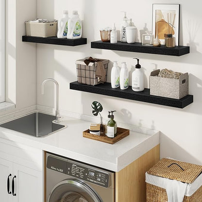 fuqing Floating Shelves for Wall, Wall Mounted Wood Floating Shelf with Invisible Brackets for Living Room, Bathroom, Bedroom, Kitchen Storage and Decor, 36 Inch Set of 2, Black