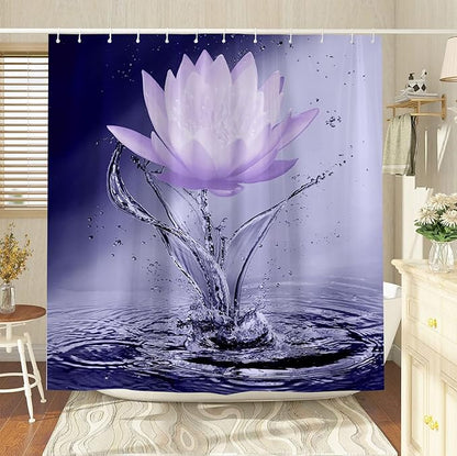 Lotus Shower Curtain Black White Violet Flower Elegant Blooming Floral with Dew Spring Flower Reflection on Water Modern Romantic Polyester Fabric Bathroom Decor 60×70 Inch with Hook