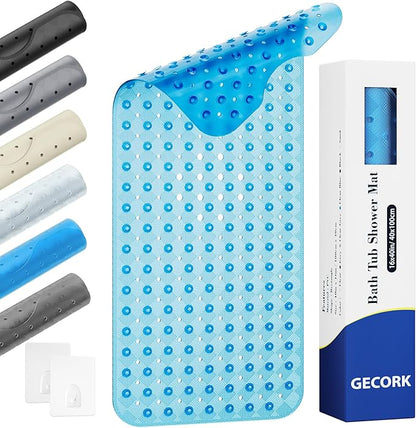 Non Slip Bathtub Mat for Tub & Shower, Machine Washable 40"x16" Anti Slip Bath Mat with 2 Hooks, Soft & Comfortable and Extra Largefor Families, Clear Blue