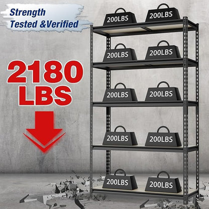 WORKPRO 5-Tier Storage Shelf, 72" H Heavy Duty Adjustable Garage Shelving Unit 2180LBS Capacity, for Basement, Kitchen, Pantry, 27.6”Wx11.8”Dx60”H, Black