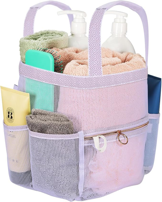 Mesh Shower Caddy Dorm, 7 Pockets & 1 with Zipper, Shower Tote with Padded Handles, Travel Portable, Shower Caddy College Room Essentials, Bathroom Shower Bag (Light Gray)