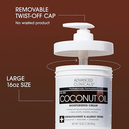 Advanced Clinicals Coconut Oil Body Cream For Women & Men | Hydrating Coconut Lotion For Extremely Dry Skin | Visible Anti Aging Body Butter Skin Care Balm Moisturizer For Hand, Heel, Feet, 16oz, 2PC