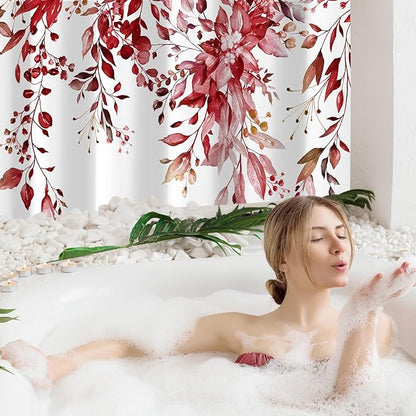 Gibelle Extra Long Shower Curtain 72 x 84, Tall Burgundy Red Floral Shower Curtain for Bathroom, Watercolor Plant Eucalyptus Leaves Fabric Shower Curtain Set