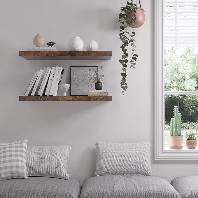 Floating Shelf, Set of 3 Wall Shelf, 30 in W x 12.75 in D x 2 in H Wooden Floating Wall Shelf with Invisible Brackets for Living Room/Bedroom/Bathroom/Kitchen Storage and Decor, Rustic Brown
