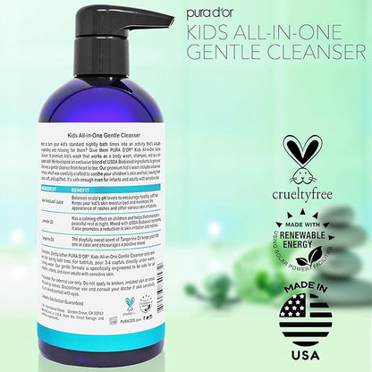 PURA D'OR Kids Wash (16oz x 2 = 32oz) All-in-One Gentle Cleanser - USDA Biobased, Sulfate-Free, Tear-Less, Hypoallergenic, Premium, Shampoo & Bubble Bath