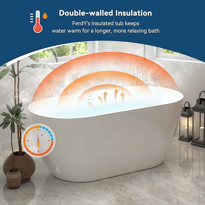 FerdY 59" Bali Acrylic Freestanding Bathtub, Gracefully Shaped Freestanding Soaking Bathtub, cUPC Certified, Toe-Tap Matte Black Drain and Minimalist Linear Design Overflow Included