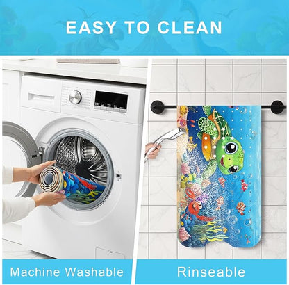 Upgrade Cartoon Baby Bath Mat Non Slip - 40"x16" Extra Long Bathtub Mat for Baby Eco Friendly Durable Bath Mat for Tub Non Slip Kids Tub Mat with Suction Cups, Machine Washable and No Fading, Turtle