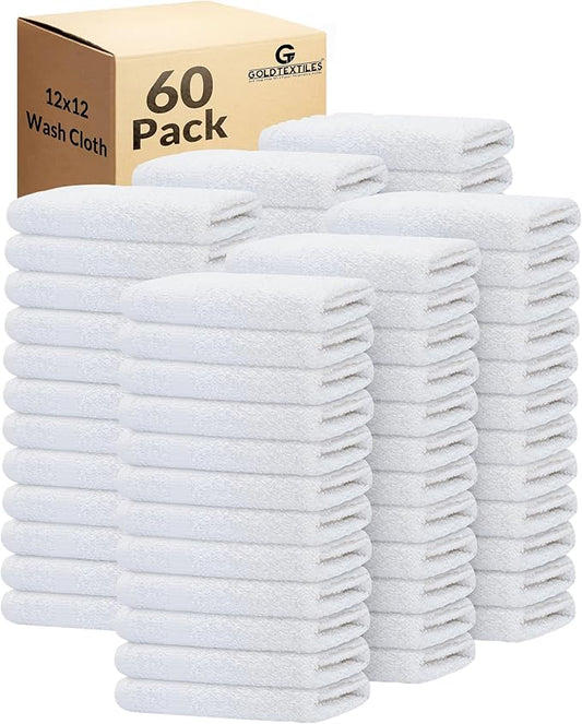 GOLD TEXTILES 60 Pack Economy White Washcloths Set (12x12 inches) - Cotton Blend Commercial Grade Cleaning Rags, Quick Drying & Soft Face Cloths, Fingertip Towels for Bathroom, Spa, Gym, and Kitchen