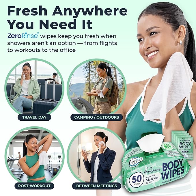Body Wipes for Women, Extra Moist No Rinse Bathing Wipes (2pk), 100 XL Shower Cloths + 8 Deodorizing Bath Cloths - 10" x 11.5"" Travel Size After Gym Cleaning Essentials, Toiletries for Womens Hygiene