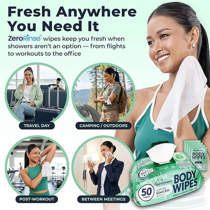 Body Wipes for Women, Extra Moist No Rinse Bathing Wipes (2pk), 100 XL Shower Cloths + 8 Deodorizing Bath Cloths - 10" x 11.5"" Travel Size After Gym Cleaning Essentials, Toiletries for Womens Hygiene