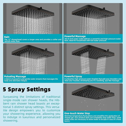 Hibbent Rain Filtered Shower Head, 13'' High Pressure Rainfall 5 Modes Showerhead with 16" Shower Head Extension Arm, Brass Adjustable Shower Arm Extender, 20 Stage Shower Filter, Oil Rubbed Bronze