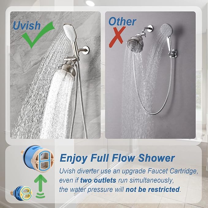 3 Way Shower Diverter Valve with Hand Shower Holder, G1/2 Shower Head Splitter, Shower Arm Diverter, Bathroom Universal Shower System Replacement Part (Brushed)