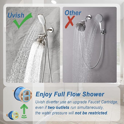 3 Way Shower Diverter Valve with Hand Shower Holder, G1/2 Shower Head Splitter, Shower Arm Diverter, Bathroom Universal Shower System Replacement Part (Brushed)