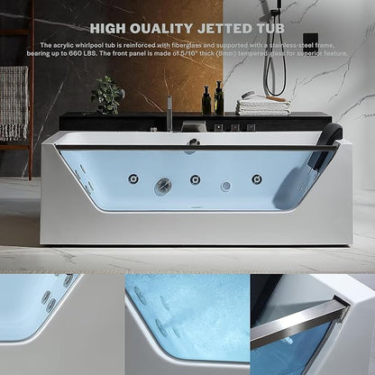 Empava Acrylic Whirlpool Bathtub, 71-Inch Jetted Bathtub with Heater, 10 Jets Hydromassage with Chromatherapy, 3-Side Apron with LED Control Panel, Waterfall, Brushed Nickel Hardware and Nozzle