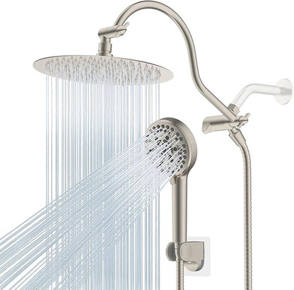 Hibbent All Metal CUPC Certified Shower Head, 10'' High Pressure Rainfall Shower Head, Handheld Showerhead Combo with 12'' Adjustable Extension Arm, 10-Spray, 71'' Hose, Shower Holder, Brushed Nickel