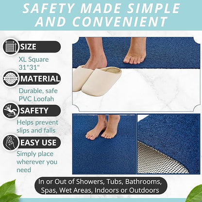 Square Shower Mat - Non Slip Shower Mats for Inside Shower - Extra Large 31x31 Shower Floor Mat Non Slip - Square Bath Mat for Shower - Secure Anti Slip Loofah Shower Bath Mat (31x31 Navy)