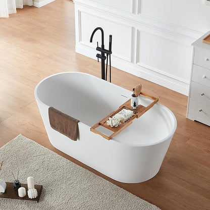 Cpingao 71" Stone Resin Freestanding Bathtub, Contemporary Oval Solid Surface Soaking Stand Alone Tub, Matte White, Drain & Overflow Included 8816-1800