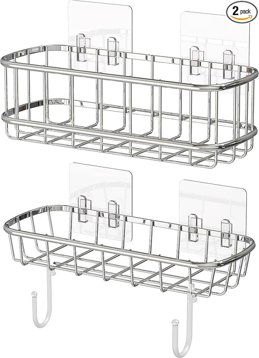 Simple Houseware Bathroom Adhesive Wall Mount Standard Shower Caddy w/Hooks, Chrome, 2 Pack