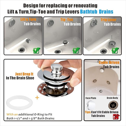 Artiwell Universal Lift and Turn Bath Drain Stopper and Cover, Bathtub Drain Stopper, Replaces Lift and Turn, Tip-Toe and Trip Lever drains for Tub, EZ Installation and Clearing (Chrome Plated)
