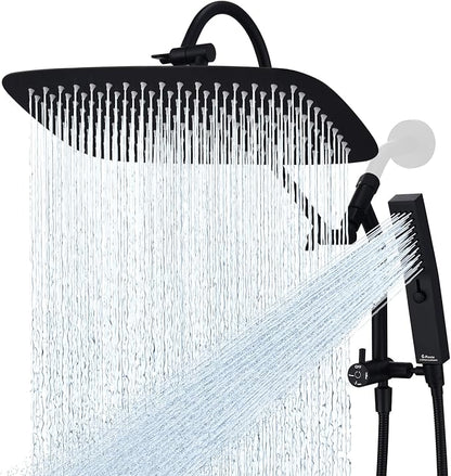 G-Promise All Metal 14 Inch Shower Head with Massage Mode Handheld, Rain Shower Head with Handheld Spray Combo, 3-Way Diverter with Pause Setting, 13 Inch Adjustable Extension Arm (Matte Black)