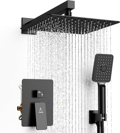 Rain Shower System 10IN Modern Brass Faucet Set With Valve and Diverter Shower Mixer With Handheld High Pressure Square Rainfall Shower Valve (10'' Wall Mount, Matte Black)