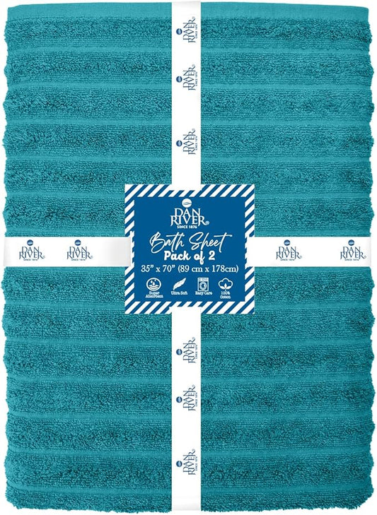 DAN RIVER Pack of 2 Bath Sheet 35x70 Inches, Premium Ribbed Oversized Towels for Adults, Super Soft and Quick Dry - Teal