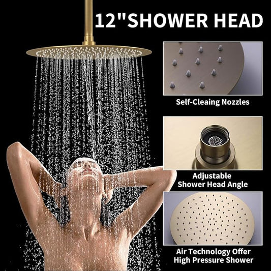 12Inch Brushed Gold Ceiling Shower System & 8Inch Wall-Mount Shower Faucet Set, 2 in 1 Handheld with Adjustable Slide Bar Included Temperature Display Valve and Trim Kit Can Work At Once