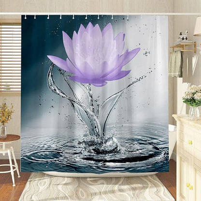 Lotus Shower Curtain Black White Blue Violet Flower Elegant Blooming Floral with Dew Spring Flower Reflection on Water Modern Romantic Polyester Fabric Bathroom Decor 70×78 Inch with Hook