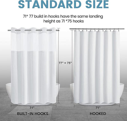 Long No Hook Shower Curtain with Snap in Liner,230GSM Waffle Weave Shower Curtains for Bathroom,71W x 77H(75"),White