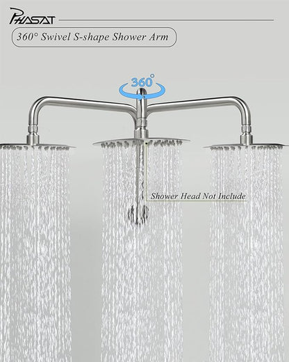 PHASAT S Shaped Shower Arm,Shower Arm Extension Brushed Nickel,High Rise Shower Arm with Flange,Shower Head Extension Arm,PU9L01-M