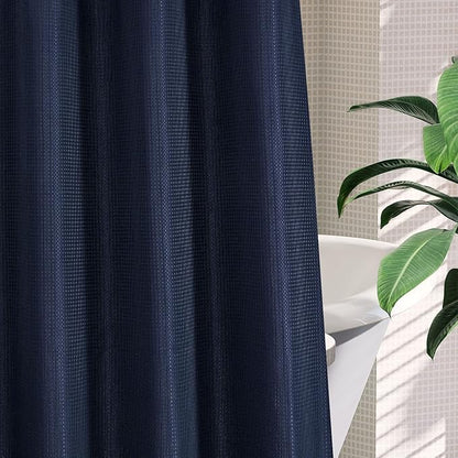 MitoVilla Navy Blue Waffle Long Shower Curtain Liner Set 72 x 80, No Hooks Required 80 inch Long Fabric Cloth Shower Curtain Set with Cloth Snap-in Liner for Modern Hotel Bathroom Decor