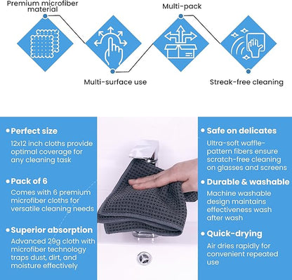 Waffle Weave Microfiber Cloths - 12 x 12 inches - Lint Free Cloth, Streak-Free Absorbent Microfiber Glasses Cleaning Cloth, Screens, Dusting & Appliances - 6 Pack Premium Cloth Wipes