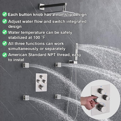 Modern Push Button 3 Way Thermostatic Shower Valve, Concealed 3 Outlet Multi Function Brass Mixer Shower Diverter Valve Kit Can Control Flow and On-Off Simultaneously, Brushed Nickel